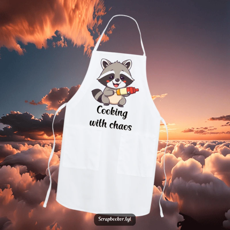 Funny apron featuring a mischievous raccoon grinning while holding a glue stick, perfect for crafting and creative activities.