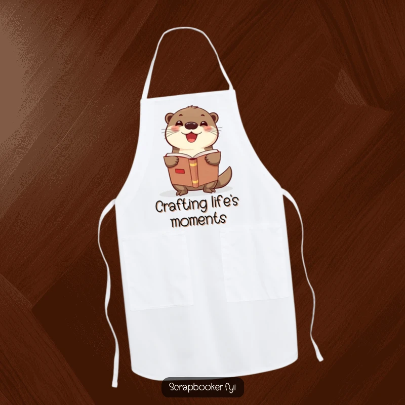 Funny otter scrapbook apron showing a delighted otter wearing an apron while holding a scrapbook, perfect for crafters.