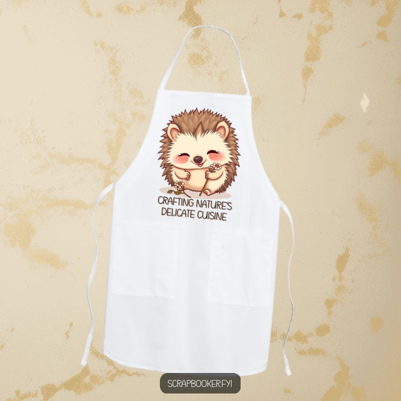 Funny hedgehog apron showing a giggling creature carefully placing a tiny dried flower, ideal for messy artistic cooking.