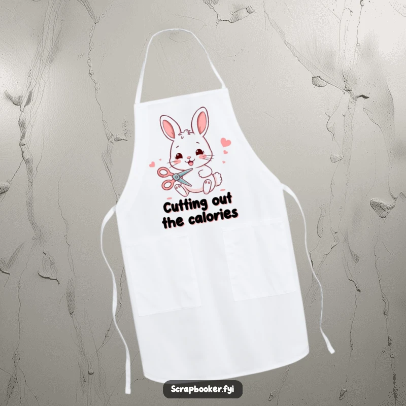Funny bunny apron showing a happy bunny cutting paper, making crafting mess-free and humorous.