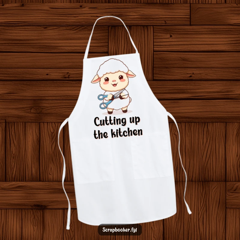 Funny apron with a content sheep smiling while using scissors to cut a perfect curve, ideal for kitchen crafting.