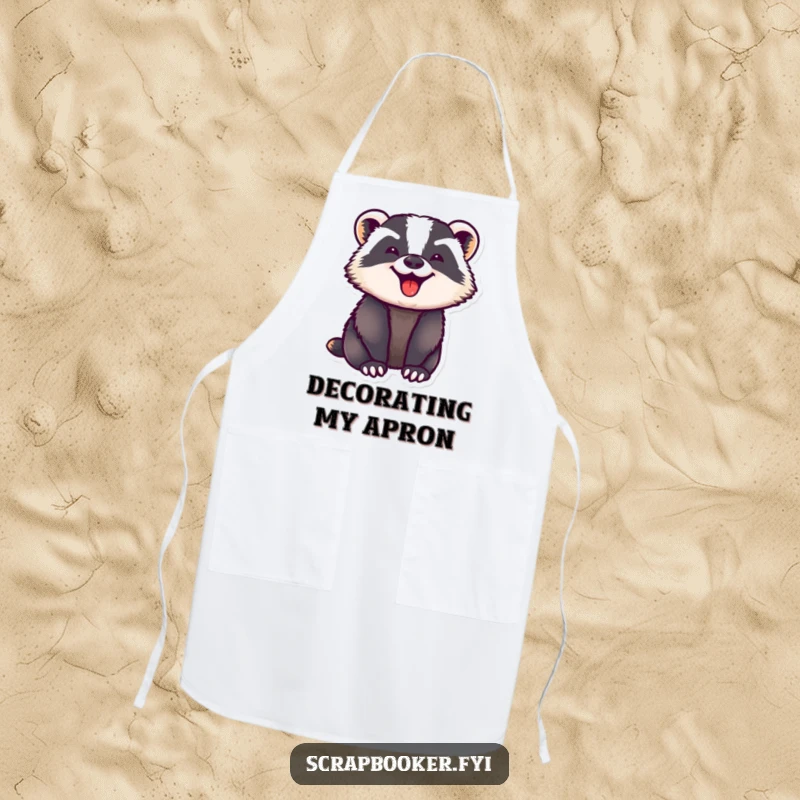 Funny apron featuring a badger with a look of pure, focused joy while pressing down a sticker. Ideal for kitchen creativity.