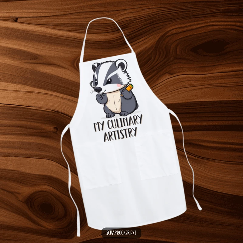 Funny apron featuring a determined badger writing with a bright crayon, designed for artists to protect their clothes with humor.