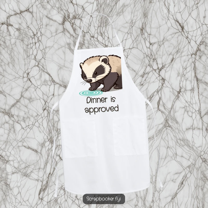Funny determined badger pressing rubber stamp with clear impression, on a kitchen apron, a humorous and official accessory.