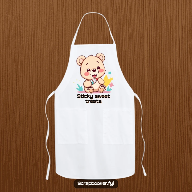 Funny apron featuring a happy bear cub with a glue stick and paper craft, ideal for mess-free art projects.