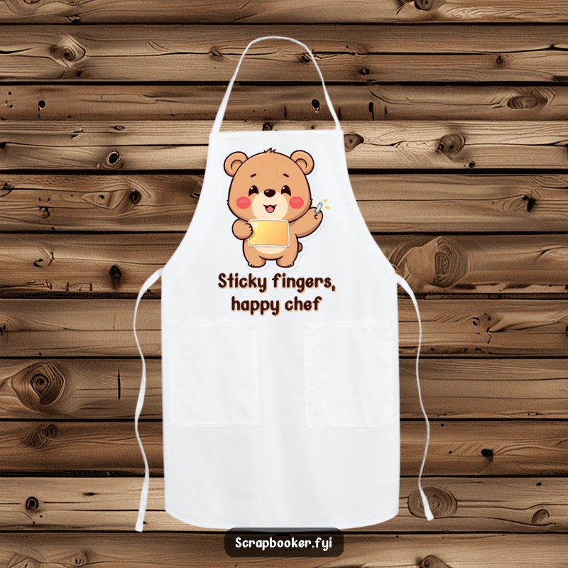 Funny apron featuring a cheerful bear carefully gluing a shiny sticker into place, protecting crafters with a splash of humor.