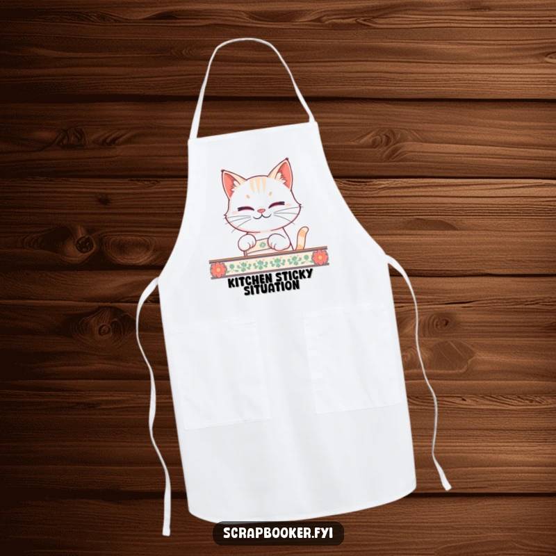 Funny cat tape apron showing a smirking cat peeling tape, ideal for messy cat owners and as a funny gift.