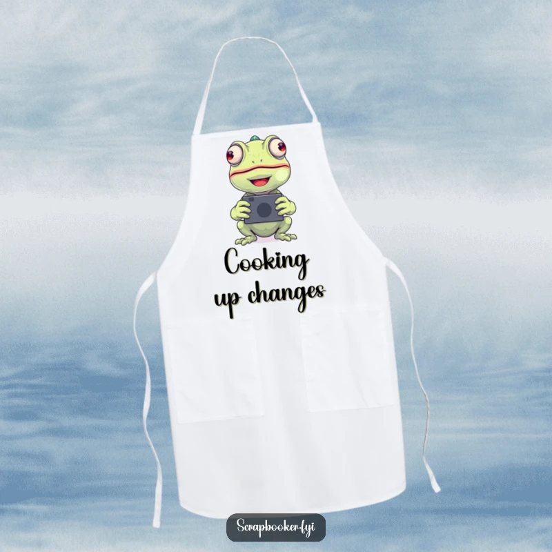 Funny chameleon photo apron showing a beaming chameleon placing a photo, ideal for messy photographers and as a funny gift.