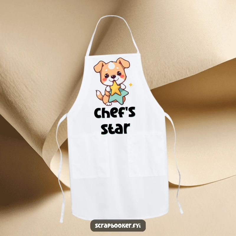 Funny dog apron featuring a playful dog pasting a star sticker, ideal for humorous kitchen adventures.