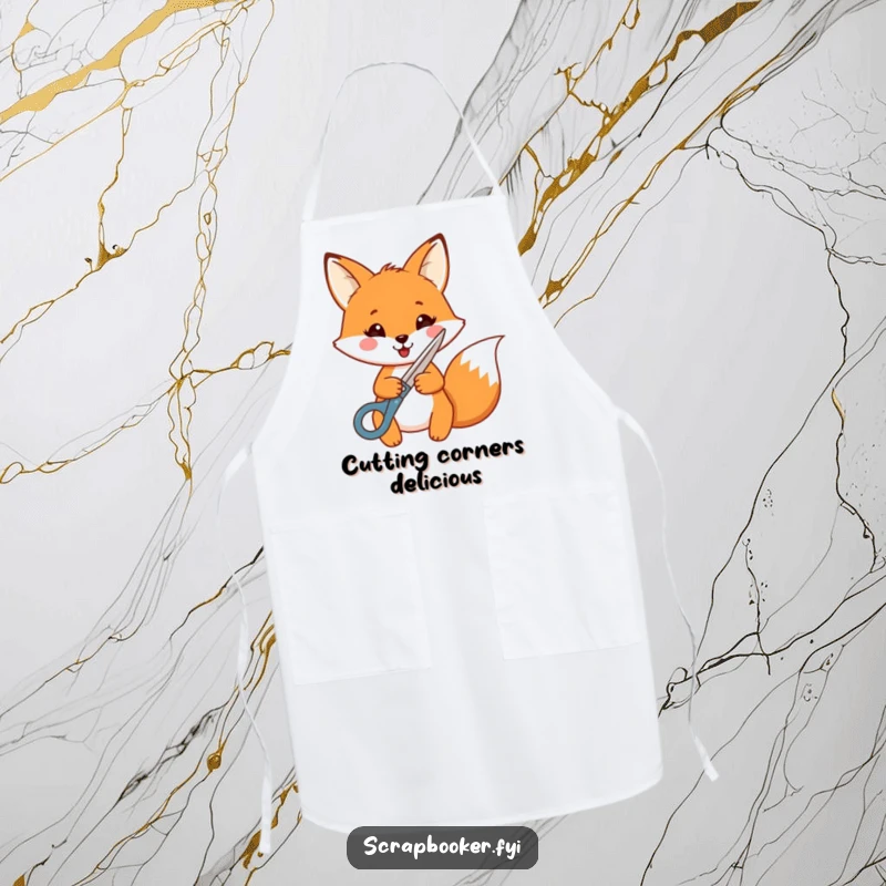 Funny Fox Apron: A cheerful fox wearing an apron joyfully cuts a shape with decorative scissors, ideal for crafting messes.