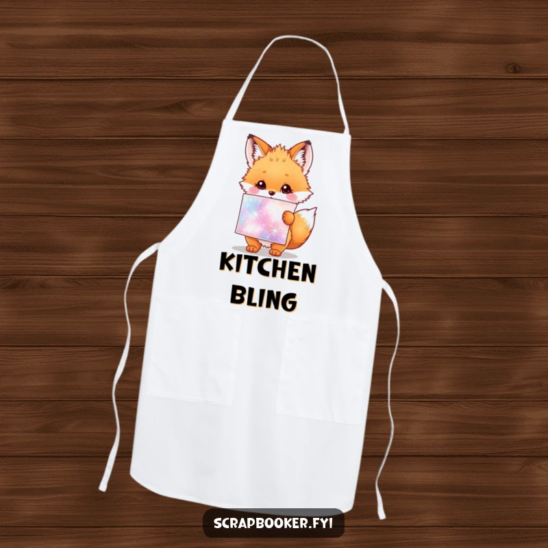 Funny apron with a fluffy fox cub holding a giant sparkly sticker sheet, perfect for a creative child.