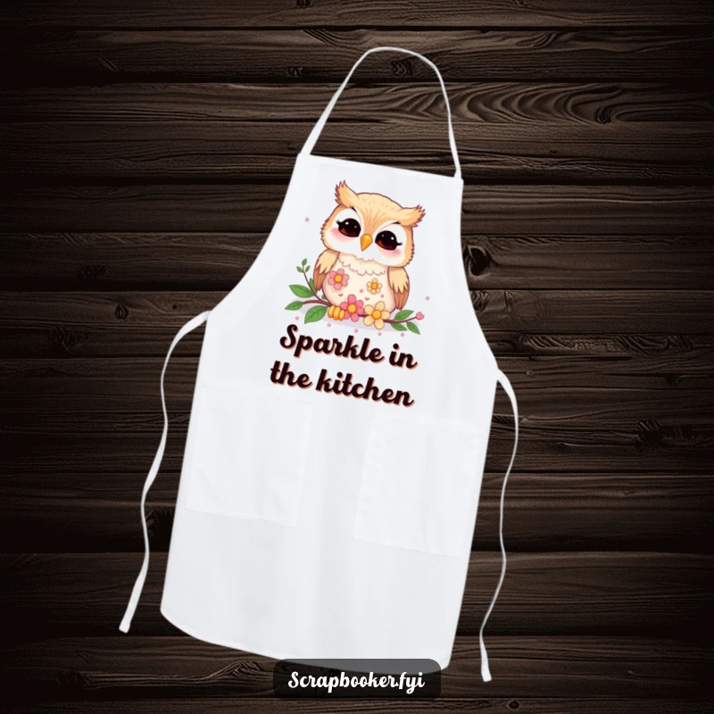 Funny giggling owl focused on arranging flower sequins, printed on a protective and humorous apron.