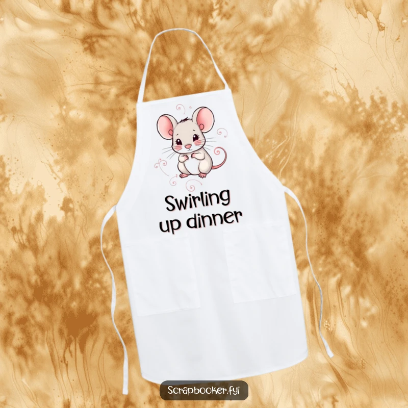Funny apron featuring a mouse with intense concentration, meticulously drawing a decorative swirl. Ideal for creative cooking.