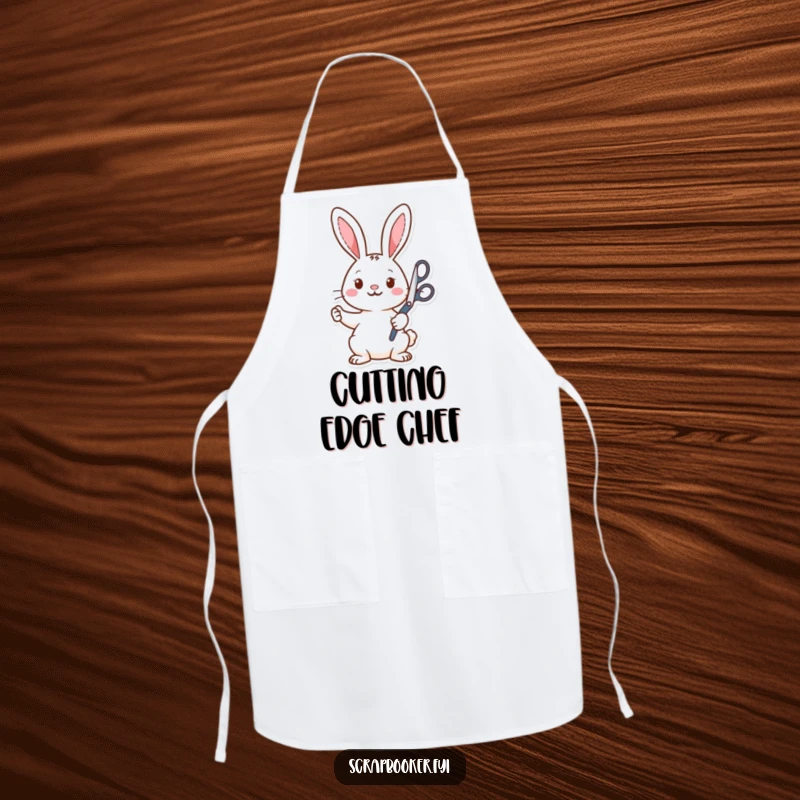 Funny Apron: A rabbit with enthusiastic scissors in a crafting pose, designed to bring humor to the kitchen or craft room.