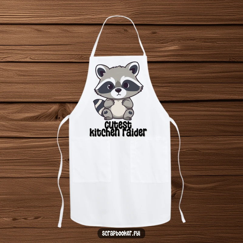 Funny apron with a curious raccoon carefully cutting a paper silhouette, ideal for protecting clothes during crafting.