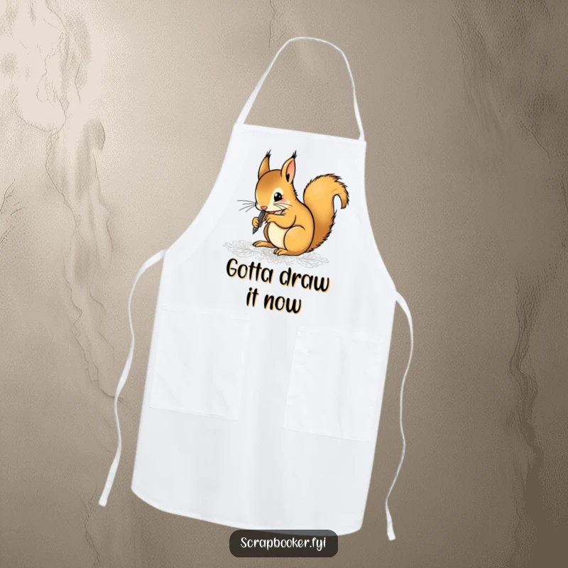 Funny apron featuring a determined squirrel artist drawing intricate patterns with a fine-tip pen, perfect for kitchen creativity and humor.