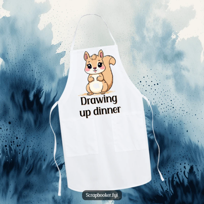 Funny Apron: A squirrel focused on drawing a border with a crayon, perfect for adding humor to cooking or crafting activities.