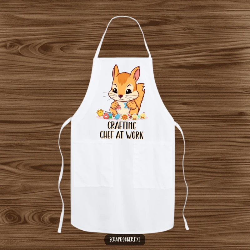 Funny apron with a determined squirrel focused on applying stickers, ideal for protecting clothes during crafty activities.
