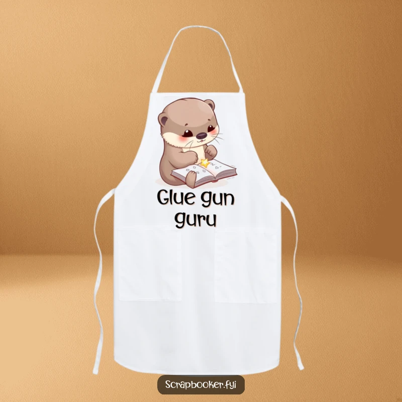 Funny apron featuring a cute otter character carefully gluing a shiny embellishment onto a craft page, offering protection and humor in the kitchen.