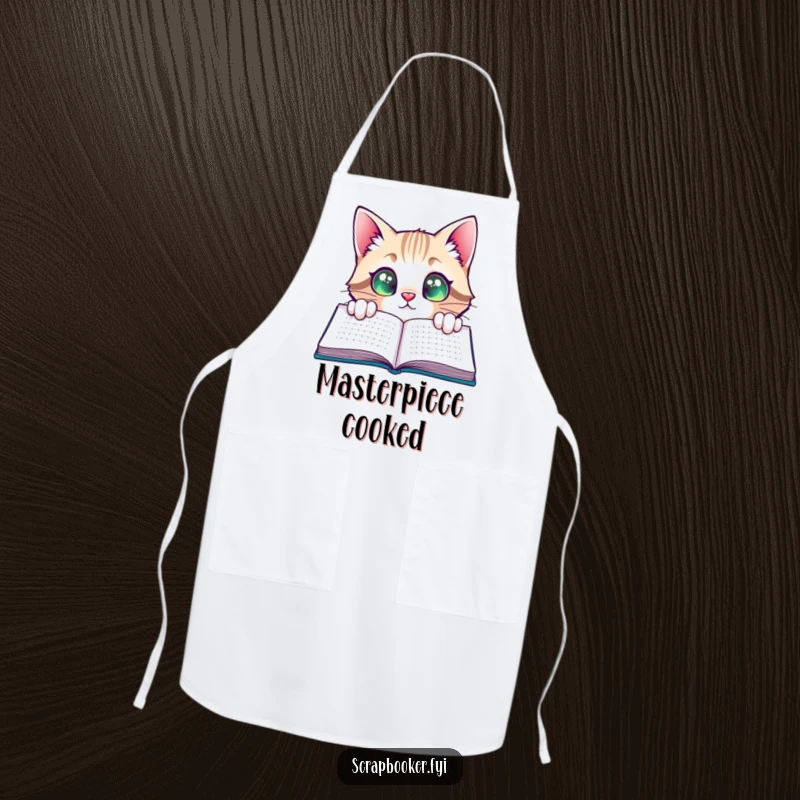 Funny Cat Apron: A curious cat peeking with satisfied, wide eyes at a completed page, perfect for adding kitchen humor.