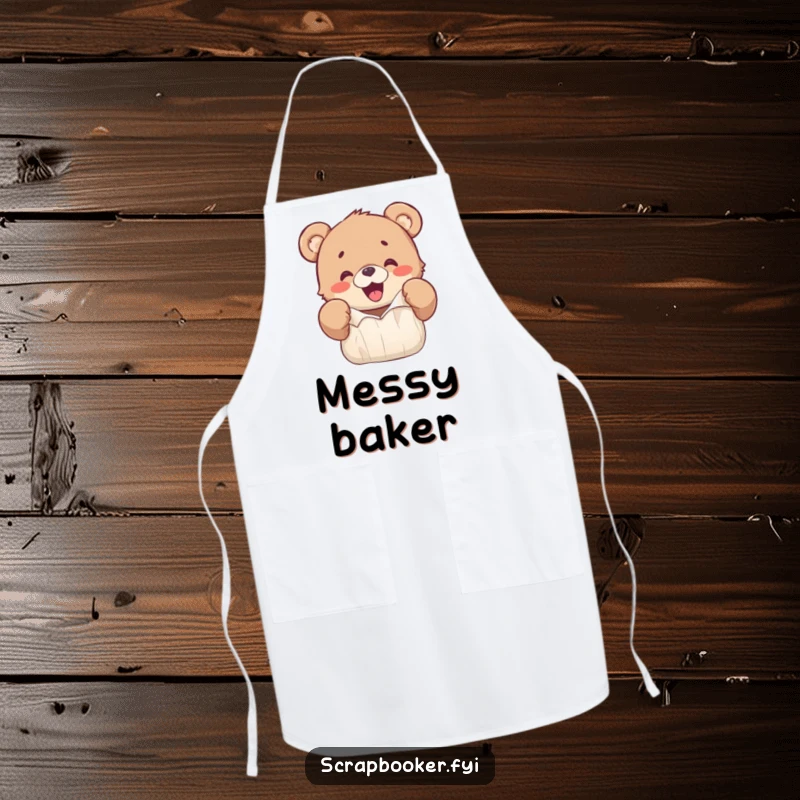 Funny apron with a happy bear cub excitedly ripping colorful paper with its paws, perfect for messy play.