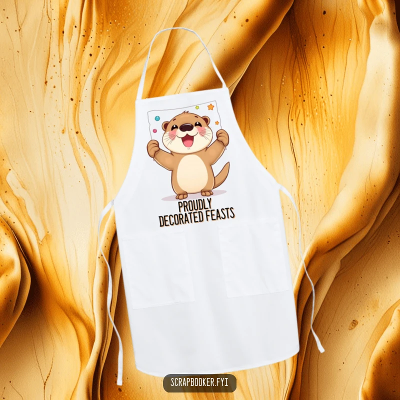 Funny apron featuring a joyful otter proudly holding up a decorated page, perfect for protecting clothes while creating.