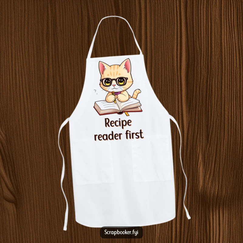 Funny apron featuring a sophisticated cat pausing its reading with a fancy bookmark to focus on cooking. A humorous kitchen essential.