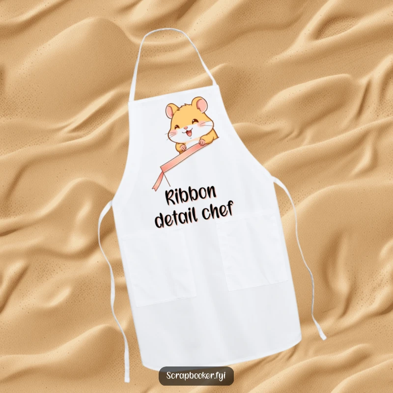 Funny apron showing a happy hamster carefully taping a ribbon along a page edge, ideal for crafters.