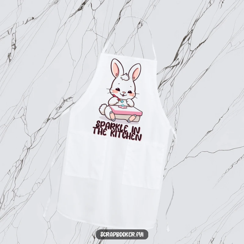 Funny Bunny Apron: A playful bunny diligently glues a sparkling gem onto a project, perfect for messy crafting sessions.