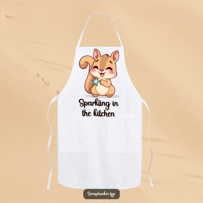 Funny Apron showing a delighted squirrel smiling while gluing a sparkly sticker, ideal for crafters.