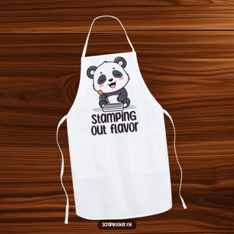 Funny apron featuring a giggling panda stamping a pattern with an ink pad, perfect for creative activities and joyful moments.