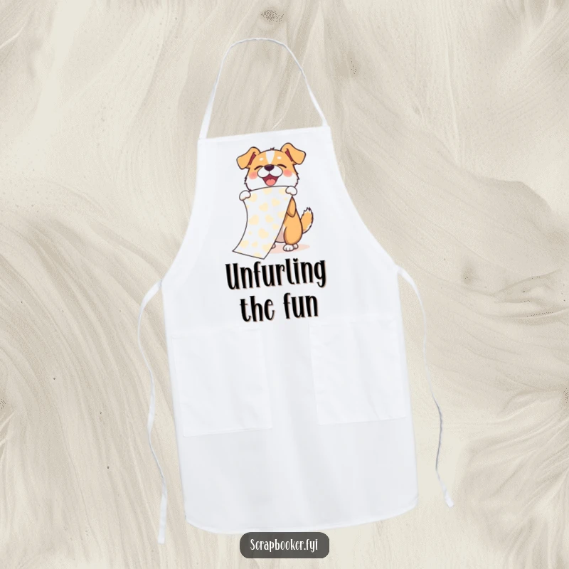 Funny apron with a joyful dog unfurling a long piece of patterned paper with an enthusiastic flourish, perfect for kitchen fun.