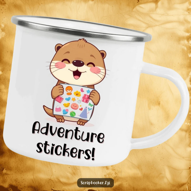 Funny Otter Camping Mug: A cheerful otter holding a sticker sheet with gleeful anticipation, ideal for outdoor lovers and otter fans.