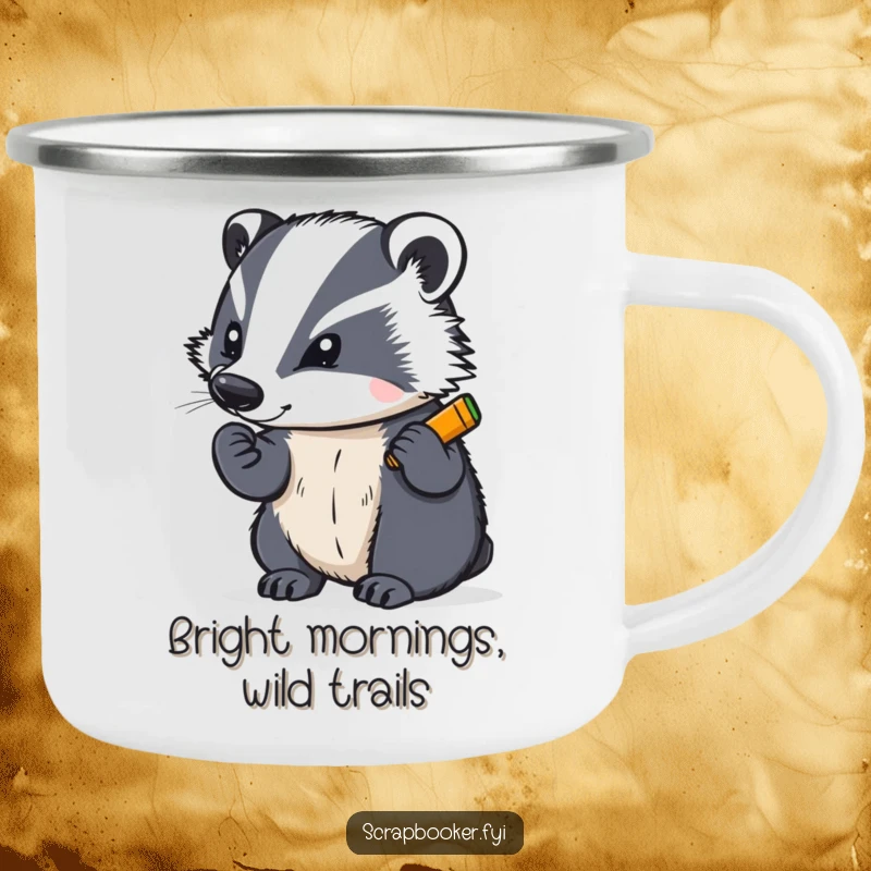 Funny camping mug with a determined badger writing with a bright crayon, bringing artistic determination to outdoor adventures.