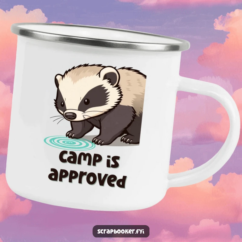 Funny determined badger pressing rubber stamp with clear impression, on a camping mug, an official companion for outdoor adventures.