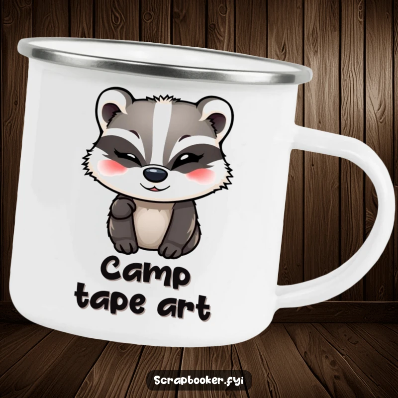 Funny Badger Camping Mug showing a winking badger adding a final flourish of decorative tape, perfect for outdoor use.