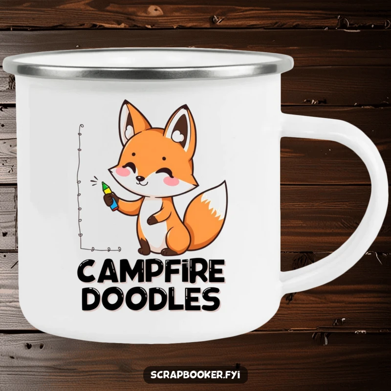 Funny camping mug featuring a cheerful fox drawing a decorative border with a marker, bringing artistic humor to outdoor settings.