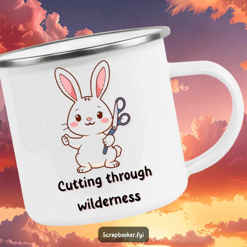 Funny Camping Mug: A spirited rabbit wielding scissors, ready to craft even in the wilderness, bringing humor to outdoor moments.