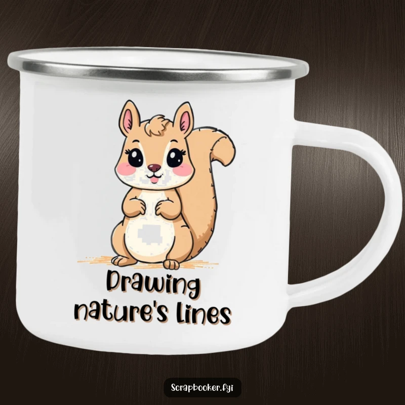 Funny Camping Mug: A squirrel diligently drawing a border with a crayon, bringing artistic humor to any campsite or wilderness adventure.