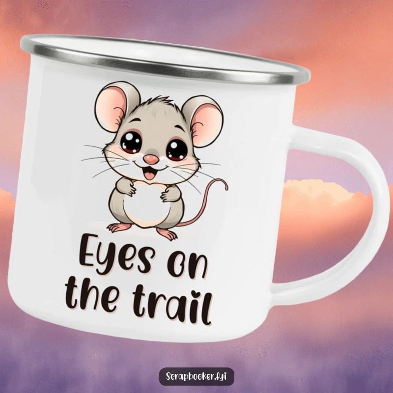 Funny mouse camping mug, cheerfully sticking googly eyes onto a whimsical drawing, ideal for outdoor artistic fun.