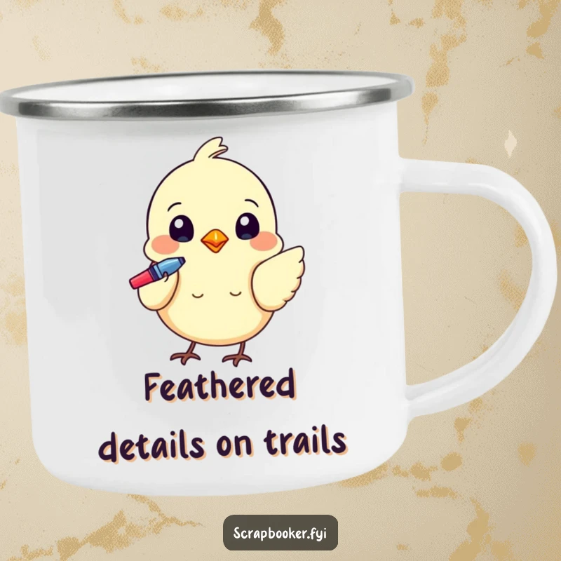 Funny camping mug with a tiny bird using a colorful pen to add details, celebrating art outdoors.