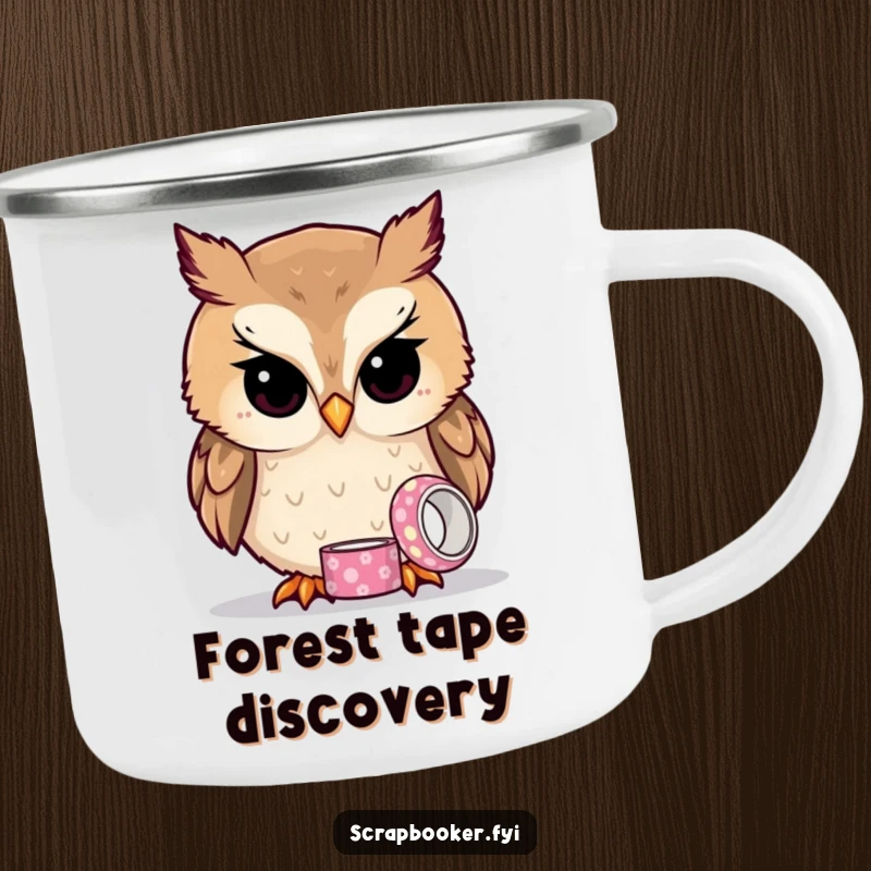 Funny owl camping mug showing a curious owl looking at patterned tape, perfect for outdoor adventures.