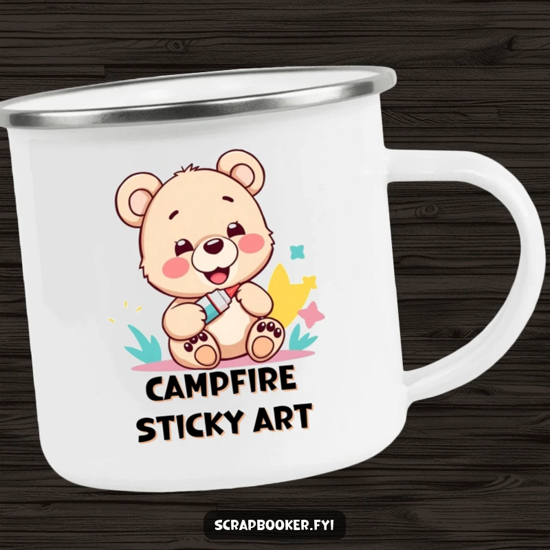 Funny camping mug featuring a happy bear cub with a glue stick and paper art, perfect for outdoor creativity.