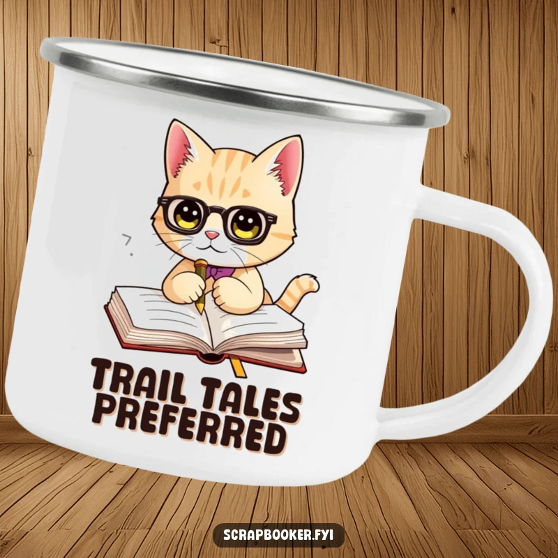 Funny camping mug featuring a cultured cat with a fancy bookmark, ready for an outdoor literary escape. Durable and humorous for adventurers.
