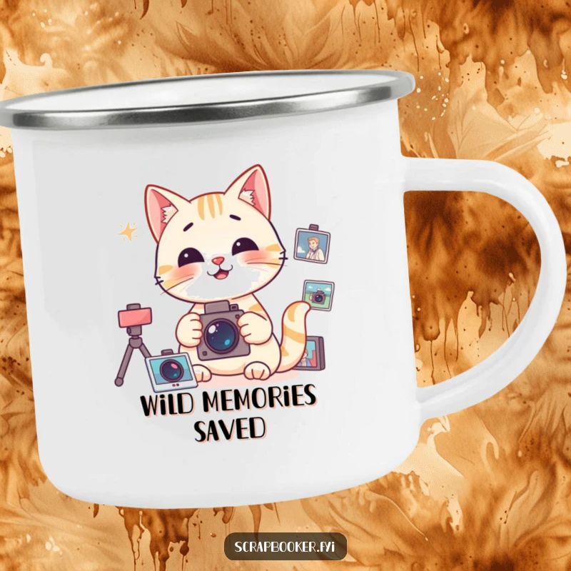 Funny Camping Mug showing a happy cat focused on organizing photographs, ideal for organized outdoor lovers.