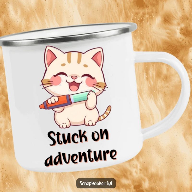 Funny Cat Camping Mug: A cheerful cat with a glue stick, ready for campfire creativity, a durable and humorous outdoor mug.