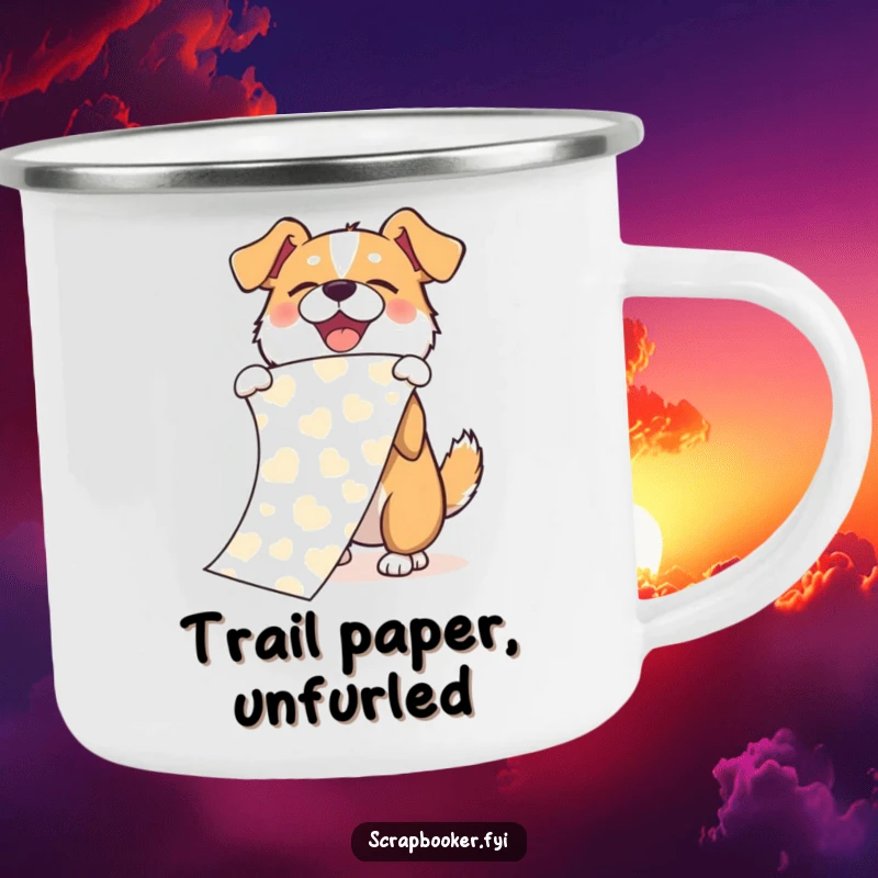 Funny camping mug with a joyful dog enthusiastically unfurling a long, patterned paper scroll with an exuberant flourish.