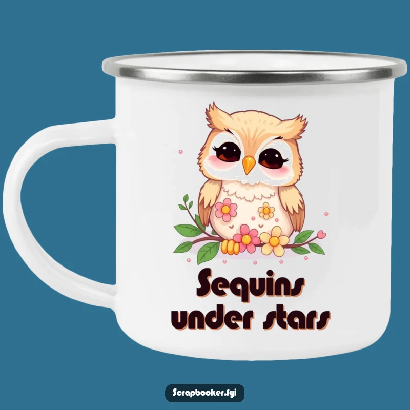 Funny Giggling Owl Flower Sequins Camping Mug - Adventure Ready Humor