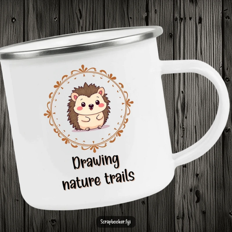 Funny hedgehog camping mug featuring a cheerful artist drawing a border, ideal for outdoor creative humor.