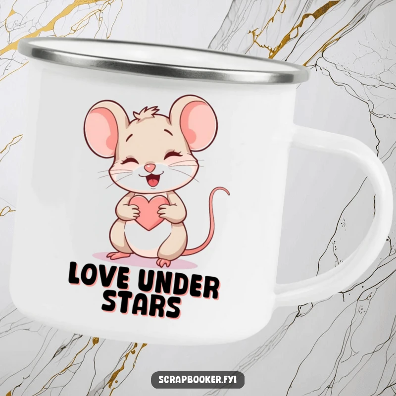 Funny Mouse Camping Mug: A giggling mouse drawing a heart, perfect for outdoor creativity, a durable and humorous mug.